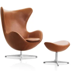 Fritz Hansen Ægget, Mørk Brun Grace læder, uden returdrej inkl. skammel af Arne Jacobsen><noscript><img width=