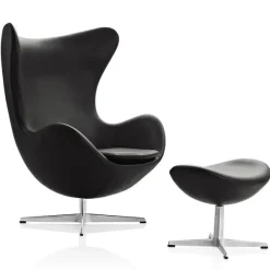 Fritz Hansen Ægget, Sort Essensial læder, uden returdrej inkl. skammel af Arne Jacobsen><noscript><img width=