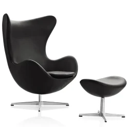 Fritz Hansen Ægget, Sort Grace læder, uden returdrej inkl. skammel af Arne Jacobsen><noscript><img width=