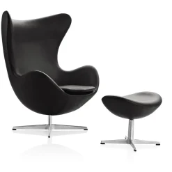 Fritz Hansen Ægget, Valnød Essensial læder, uden returdrej inkl. skammel af Arne Jacobsen> Lænestole