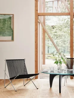 Fritz Hansen PK4 Loungestol i sort, stålstel af Poul Kjærholm><noscript><img width=