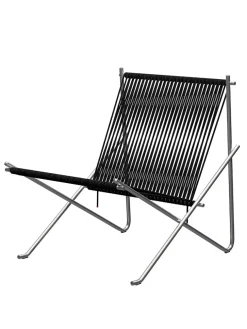 Fritz Hansen PK4 Loungestol i sort, stålstel af Poul Kjærholm><noscript><img width=